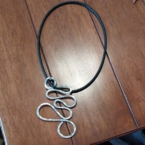 Hand Crafted Silver Wire Abstract Loop Pendant Necklace on Black Cord